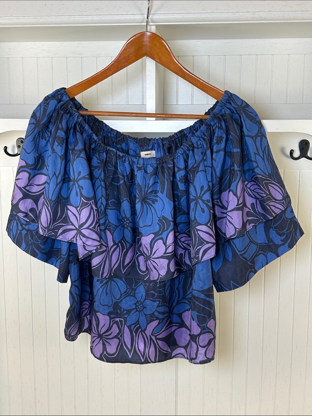 Warm NY 100% Silk Floral Ruffle Off Shoulder Top Size 2